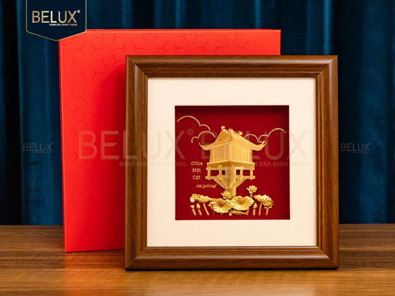 Tranh Chùa Một Cột Dát Vàng 24k 25x25cm